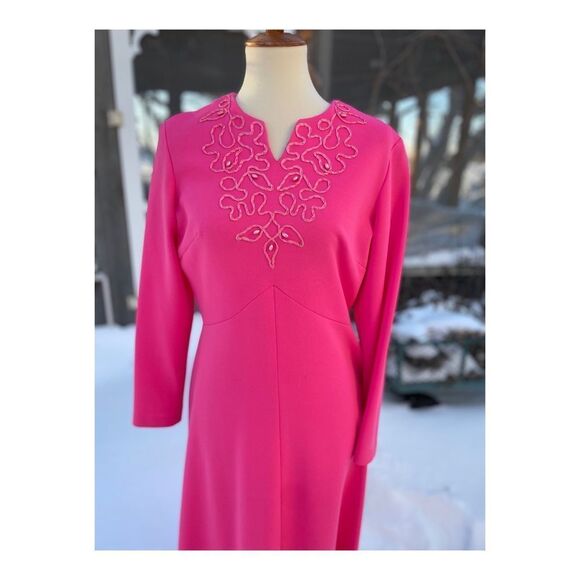True Vintage Hot Pink Maxi Dress Long Sleeve Soutache Neckline Detail Fitted - Picture 3 of 10